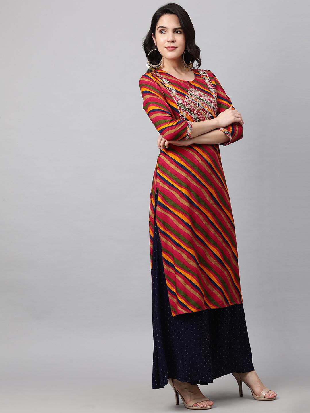 Zari Embroidered & Leheriya Straight Kurta - Multi - Indiakreations