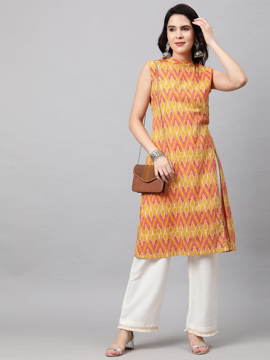 Ikat Printed A-Line Kurta - Mustard - Indiakreations