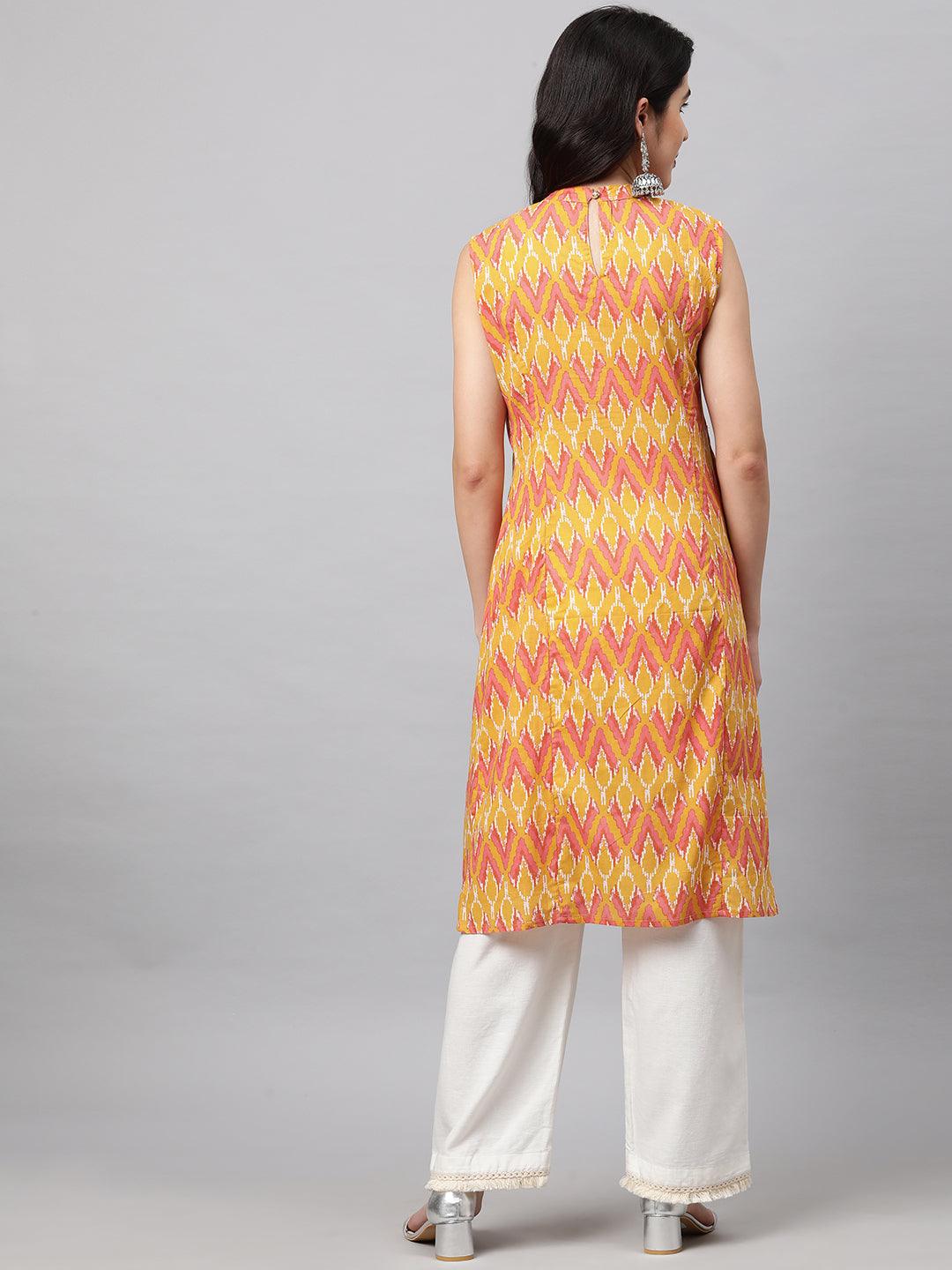 Ikat Printed A-Line Kurta - Mustard - Indiakreations