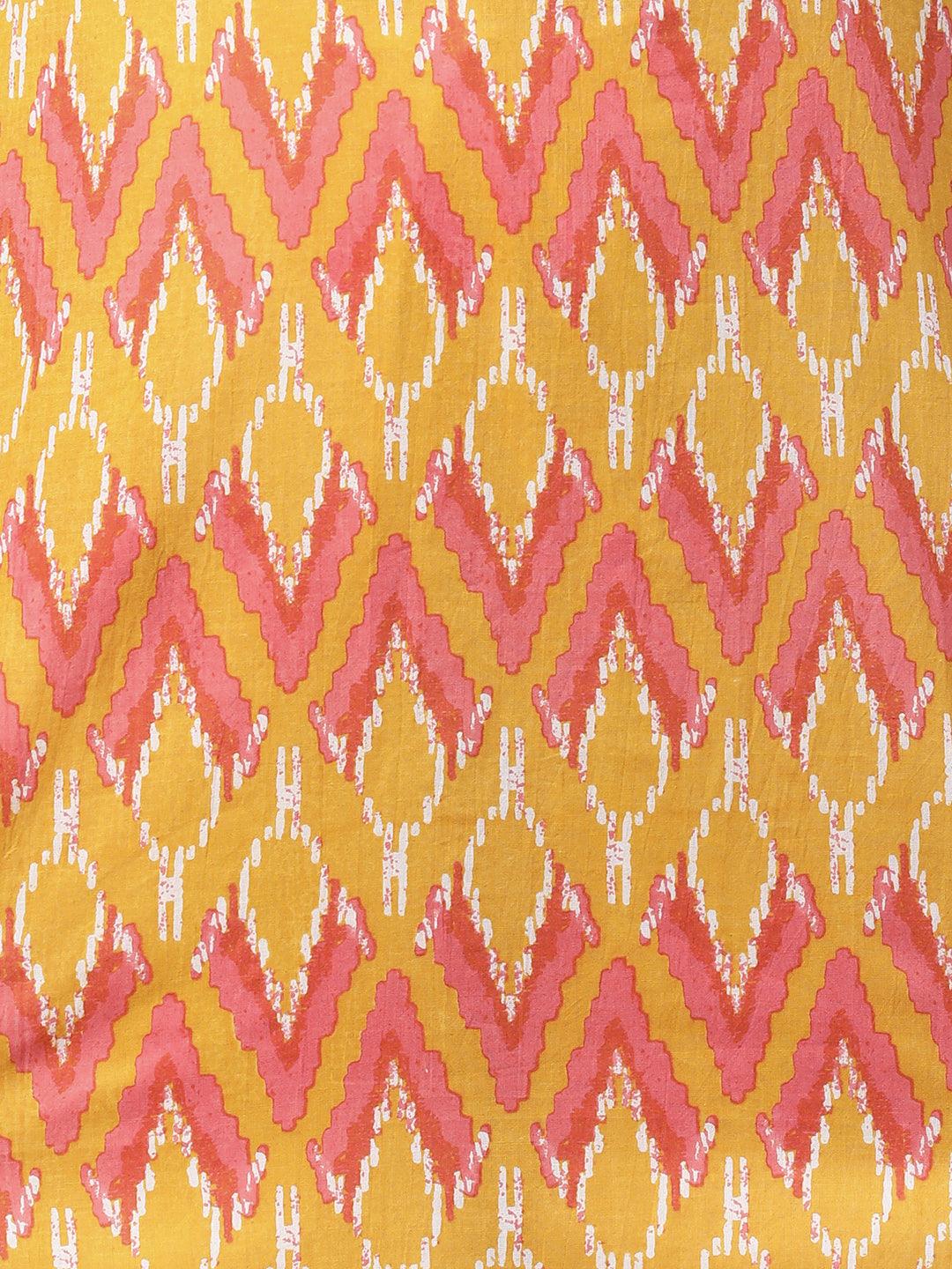 Ikat Printed A-Line Kurta - Mustard - Indiakreations