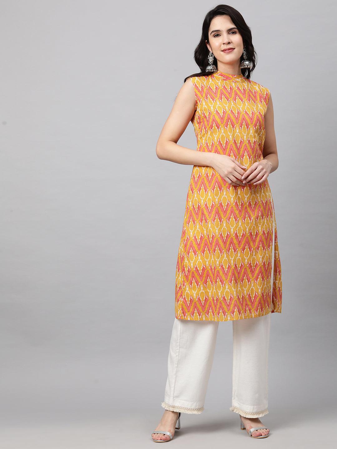 Ikat Printed A-Line Kurta - Mustard - Indiakreations