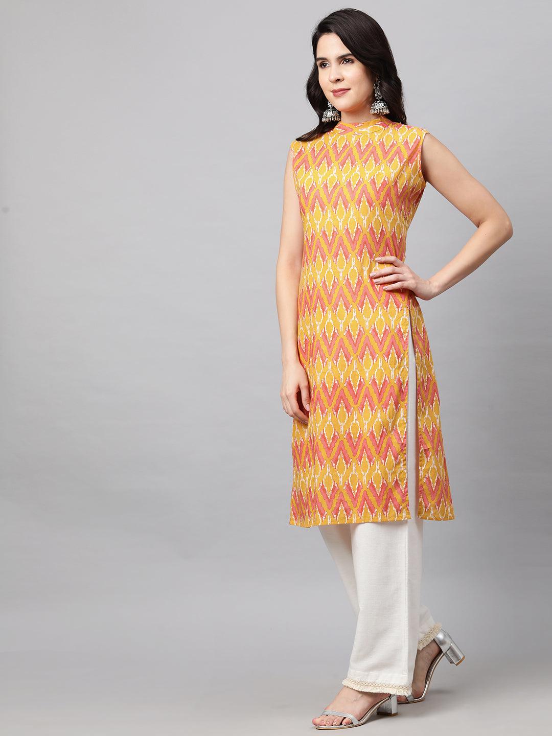 Ikat Printed A-Line Kurta - Mustard - Indiakreations