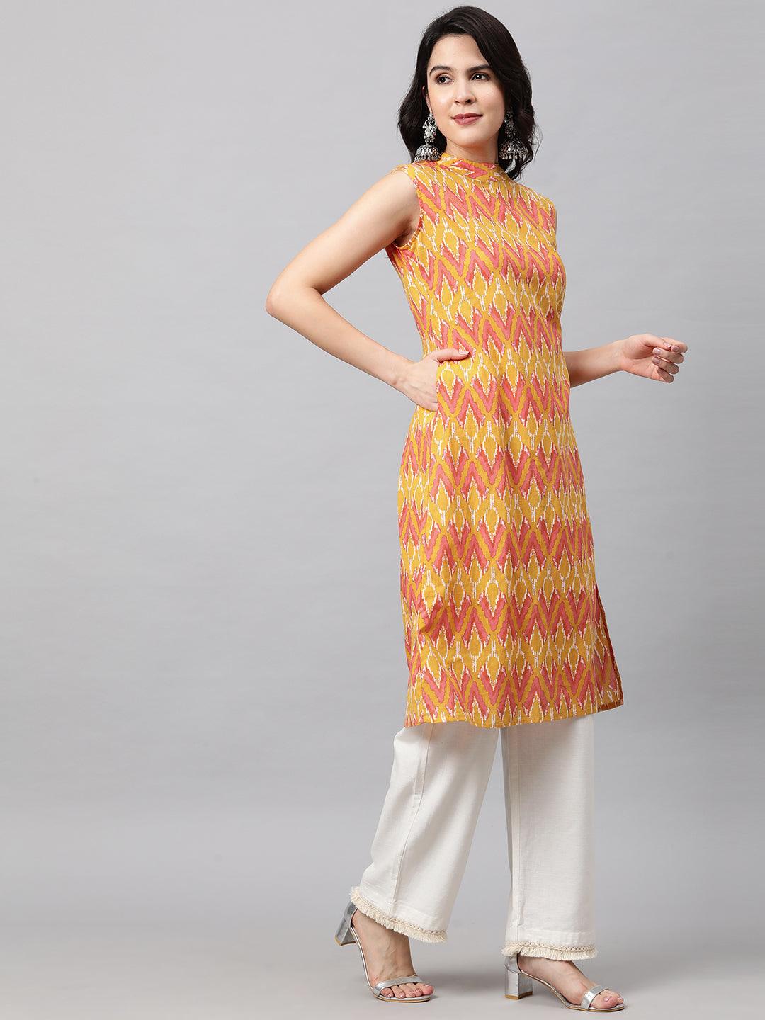 Ikat Printed A-Line Kurta - Mustard - Indiakreations