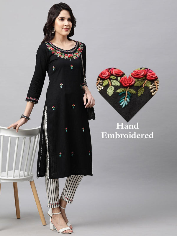 Floral Embroidered Kurta and Striped Pant - Black - Indiakreations