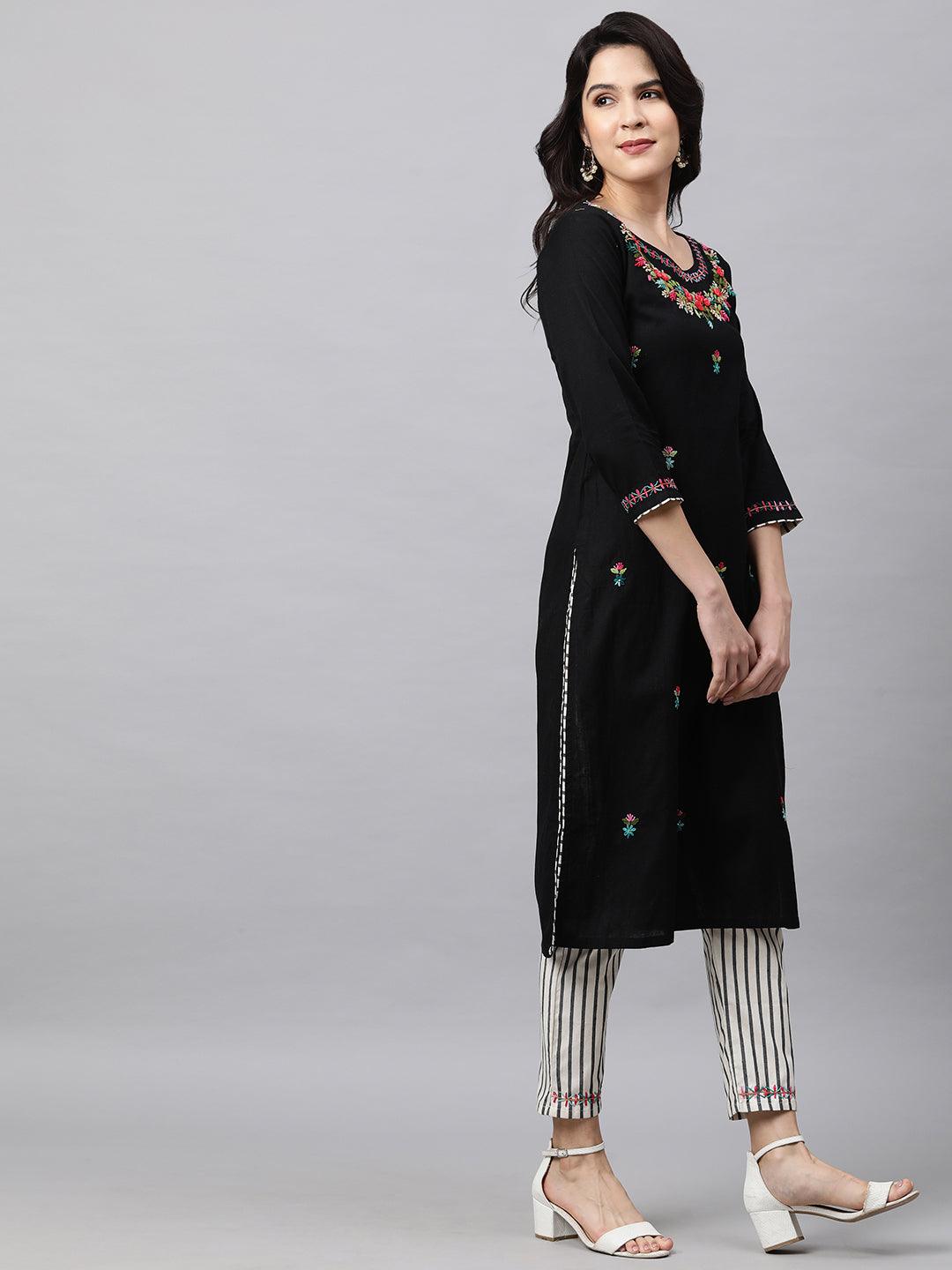 Floral Embroidered Kurta and Striped Pant - Black - Indiakreations