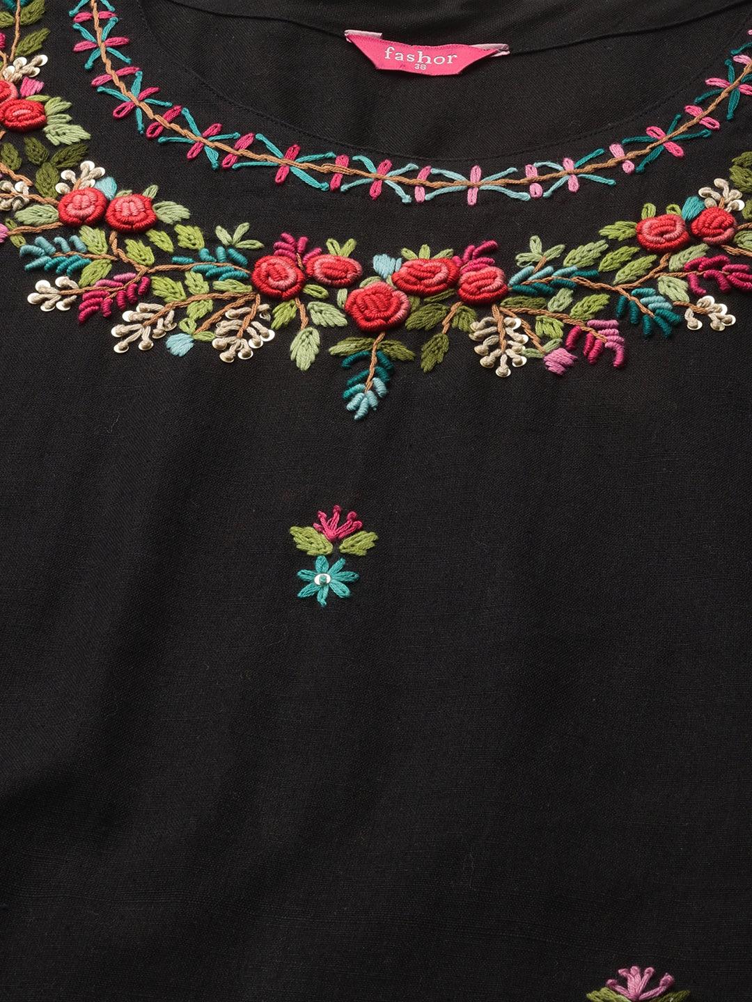 Floral Embroidered Kurta and Striped Pant - Black - Indiakreations