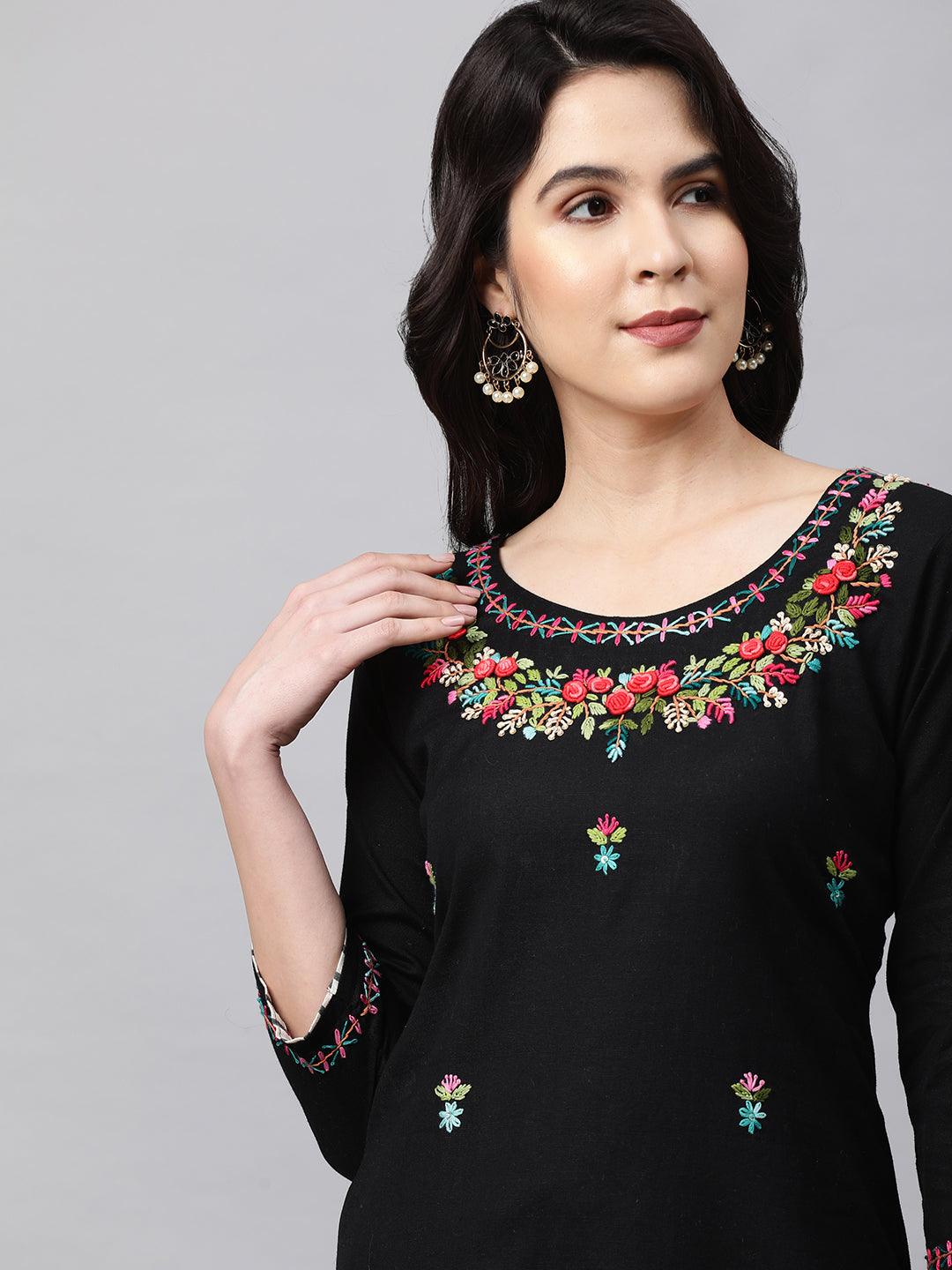 Floral Embroidered Kurta and Striped Pant - Black - Indiakreations