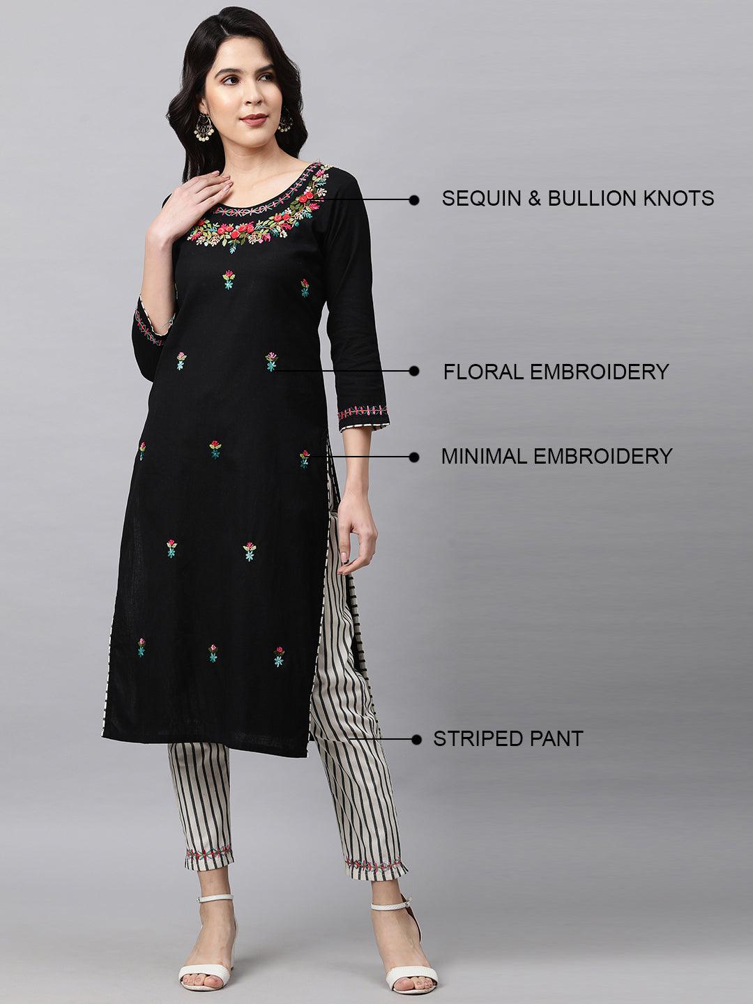 Floral Embroidered Kurta and Striped Pant - Black - Indiakreations