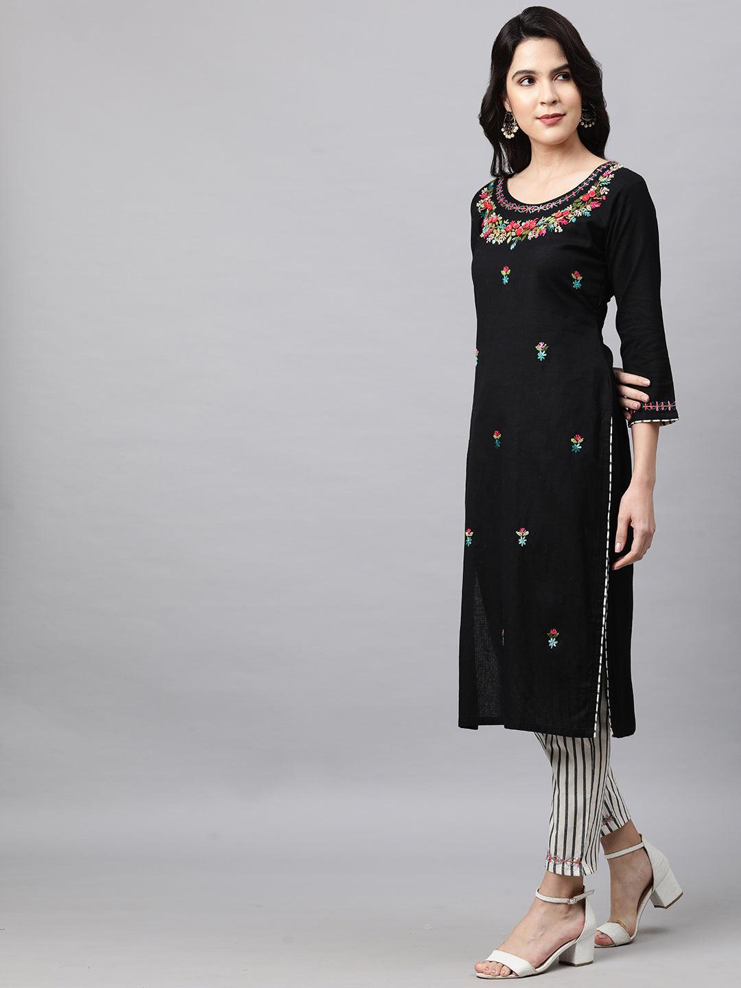 Floral Embroidered Kurta and Striped Pant - Black - Indiakreations