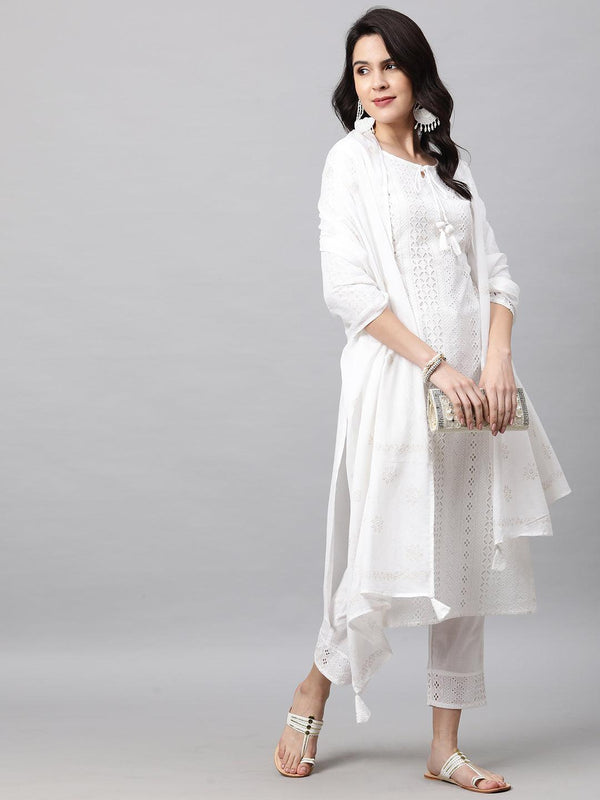 Chikankari Kurta with Pant and Rogan Dupatta - White - Indiakreations