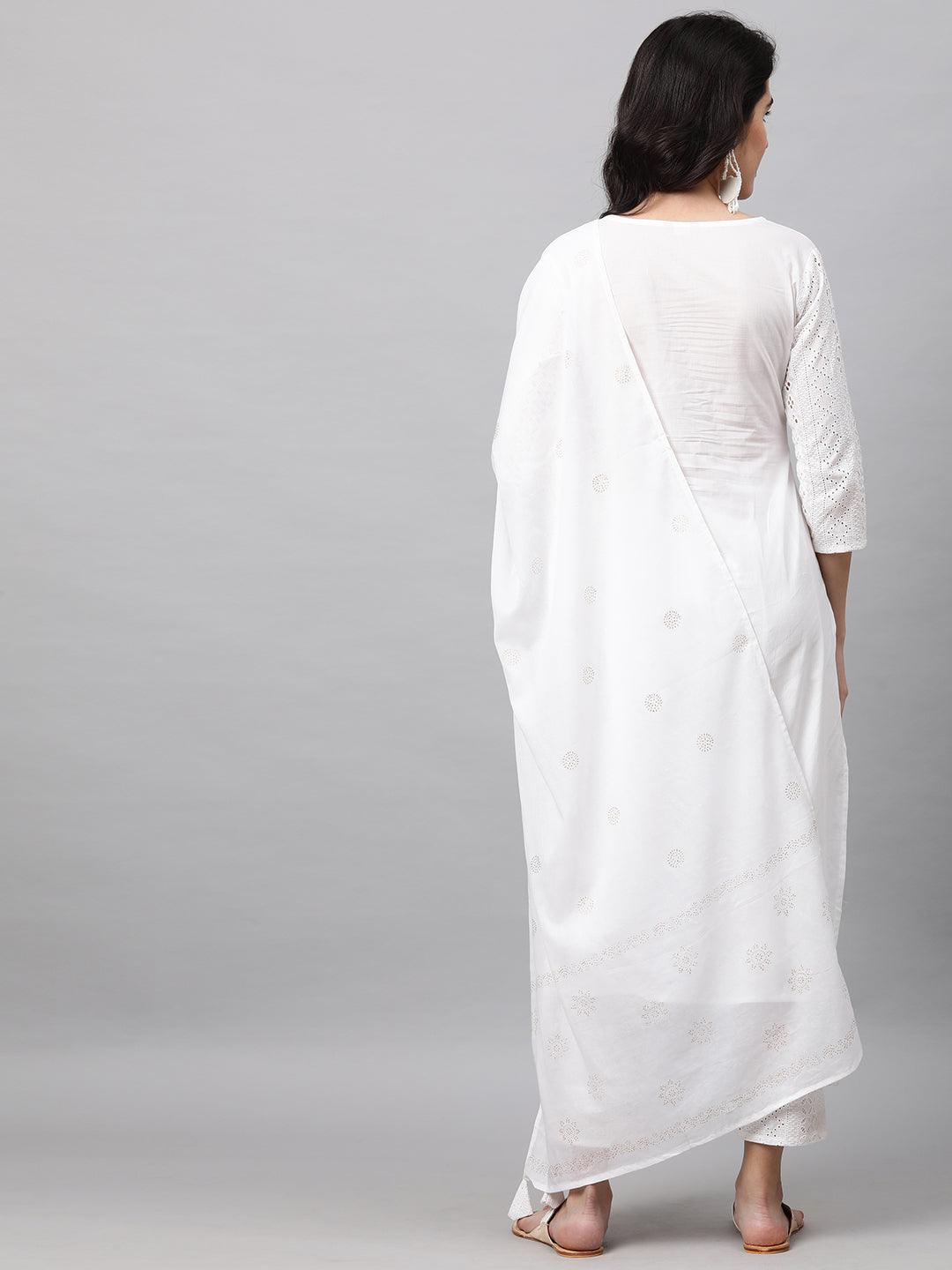 Chikankari Kurta with Pant and Rogan Dupatta - White - Indiakreations