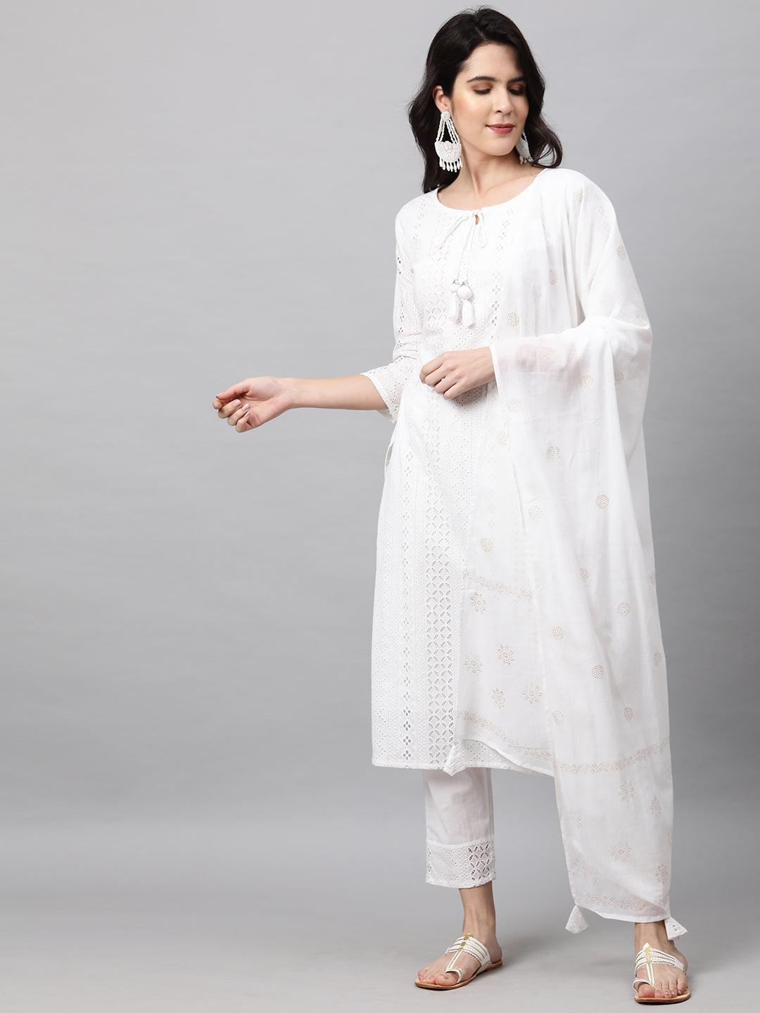 Chikankari Kurta with Pant and Rogan Dupatta - White - Indiakreations