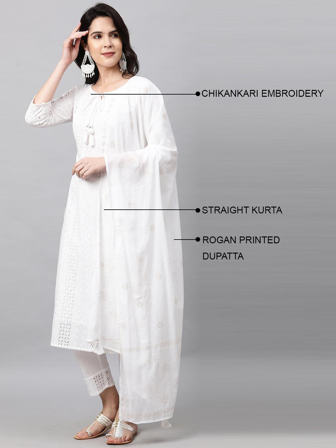 Chikankari Kurta with Pant and Rogan Dupatta - White - Indiakreations