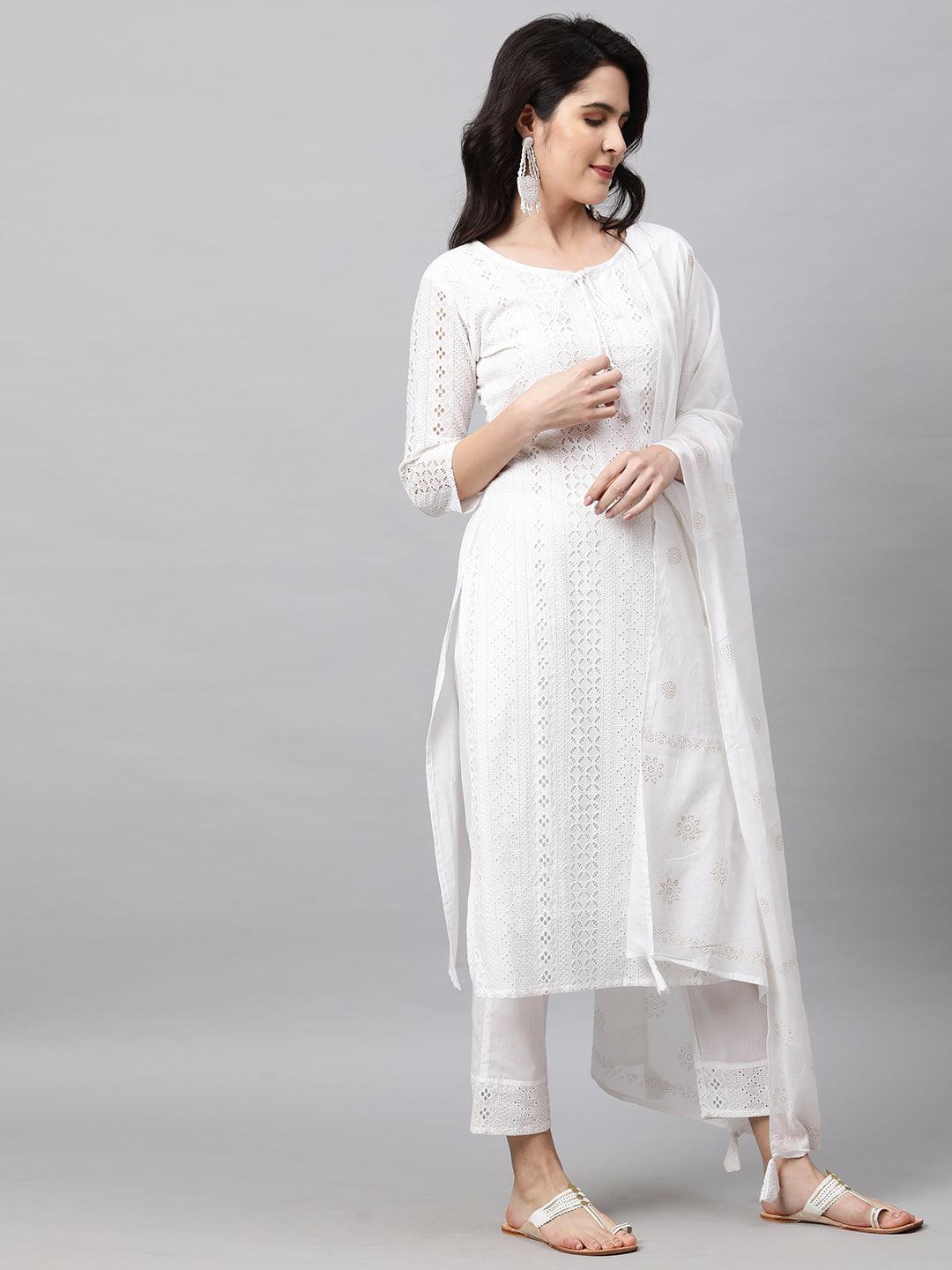 Chikankari Kurta with Pant and Rogan Dupatta - White - Indiakreations