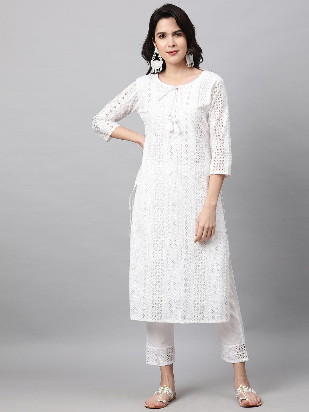 Chikankari Kurta with Pant and Rogan Dupatta - White - Indiakreations