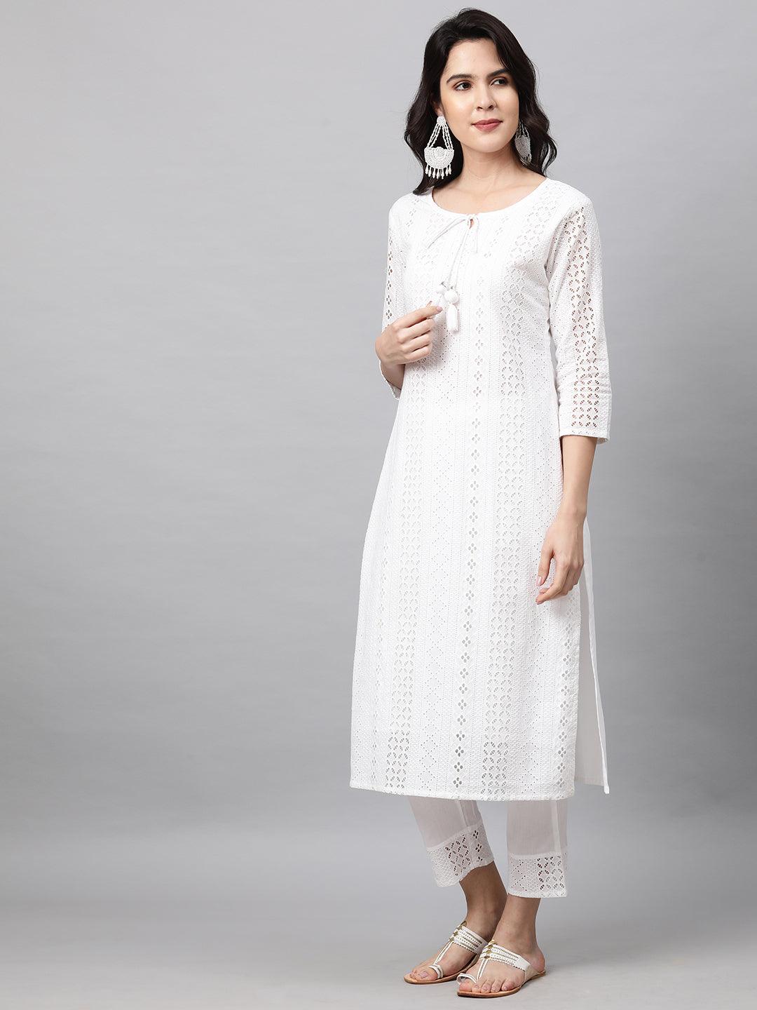 Chikankari Kurta with Pant and Rogan Dupatta - White - Indiakreations