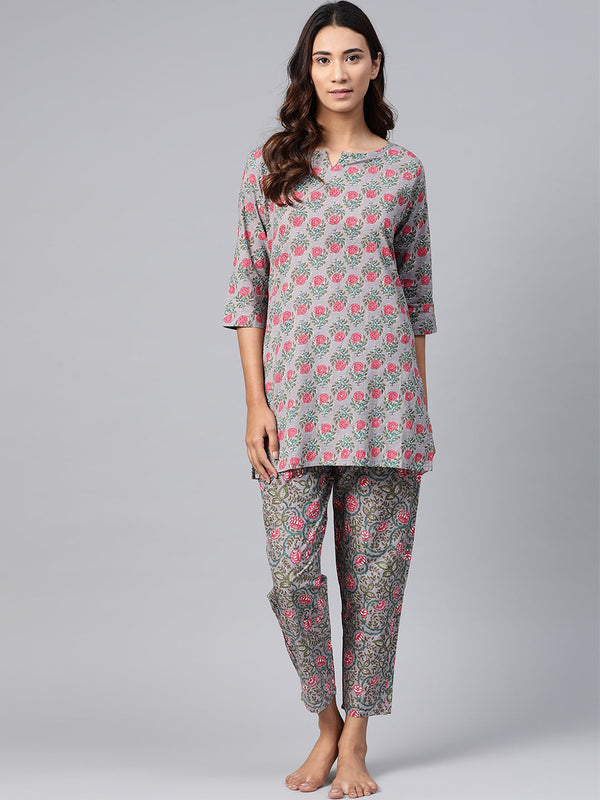 Anubhutee Women Grey  Pink Pure Cotton Printed Night suit