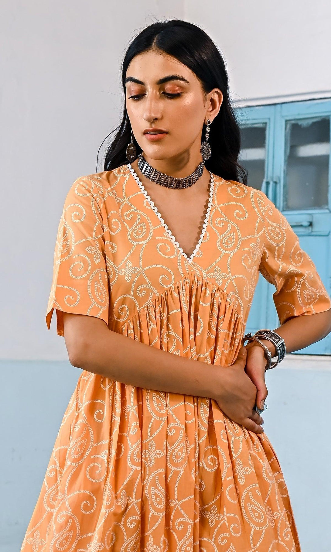 Zahrah 2.0 Orange V-neck gather kurta set - set of 3 - Indiakreations