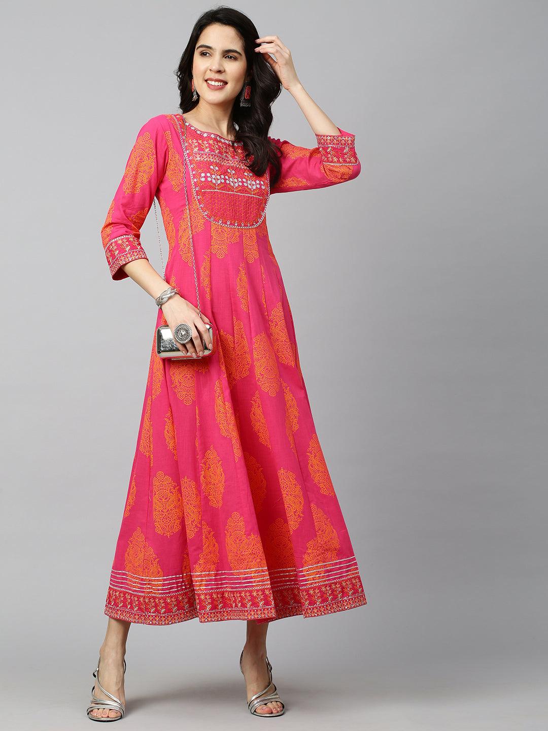 Ethnic Printed & Embroidered Kali Maxi Dress - Rani Pink - Indiakreations