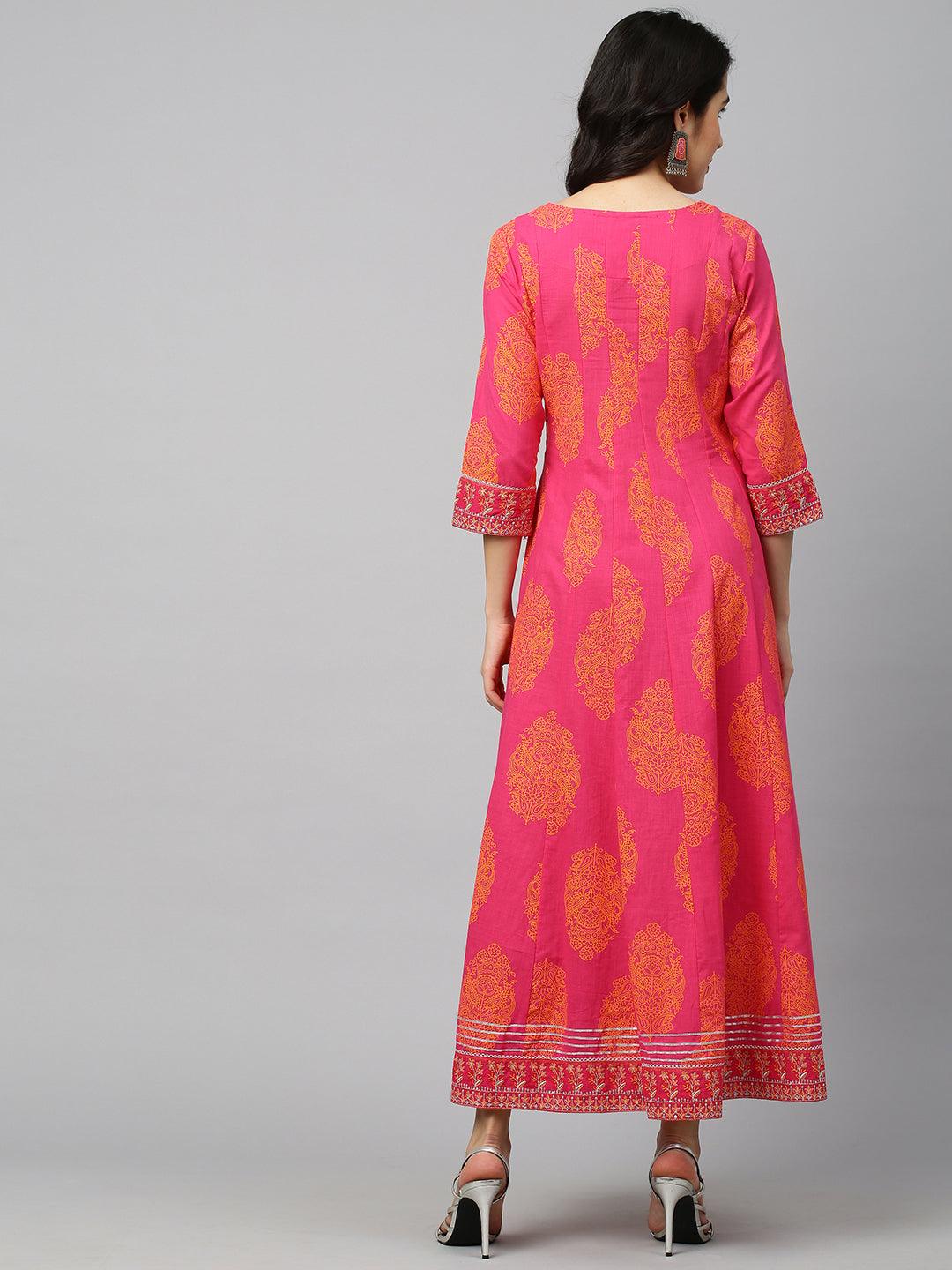 Ethnic Printed & Embroidered Kali Maxi Dress - Rani Pink - Indiakreations