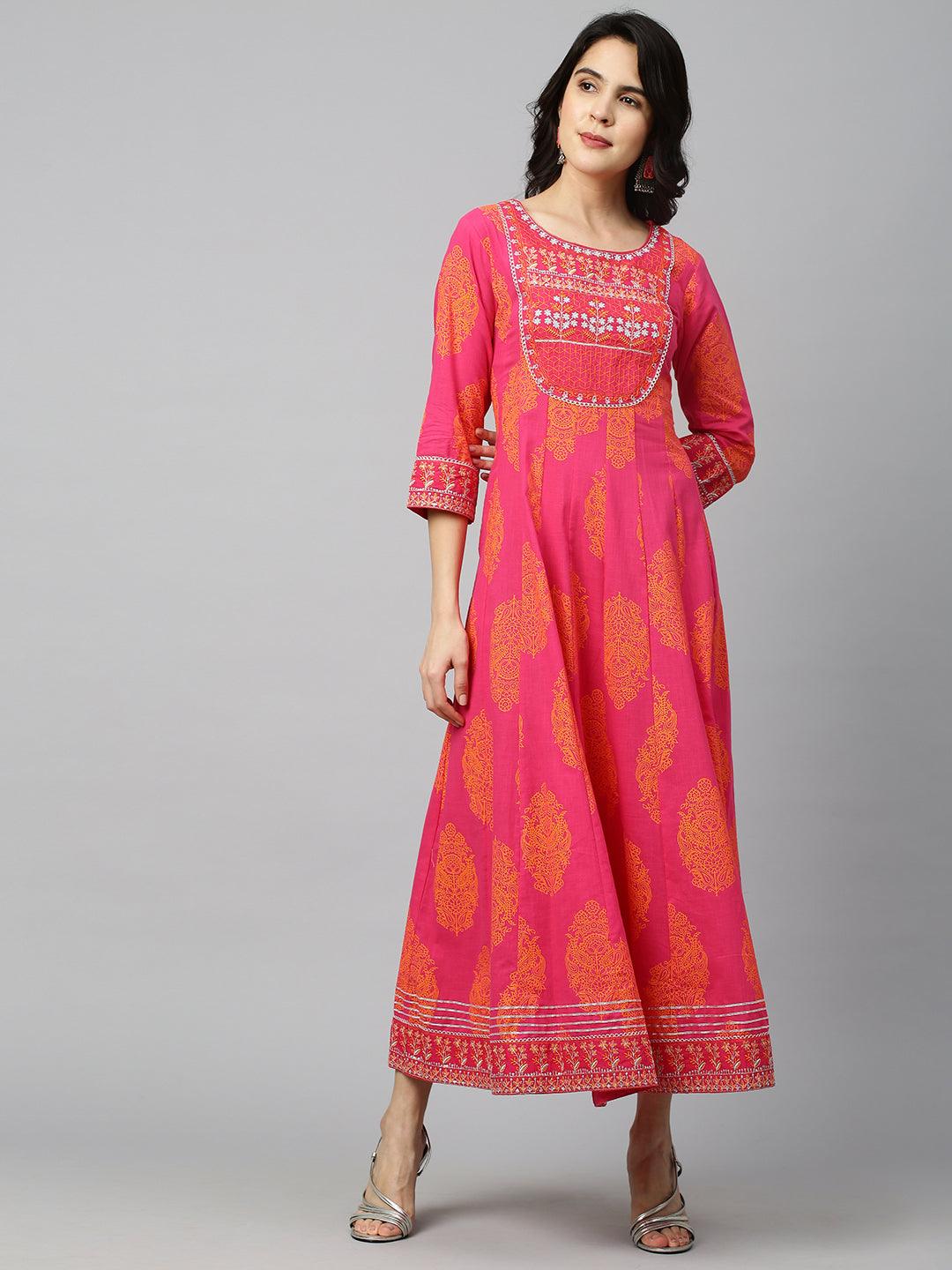 Ethnic Printed & Embroidered Kali Maxi Dress - Rani Pink - Indiakreations