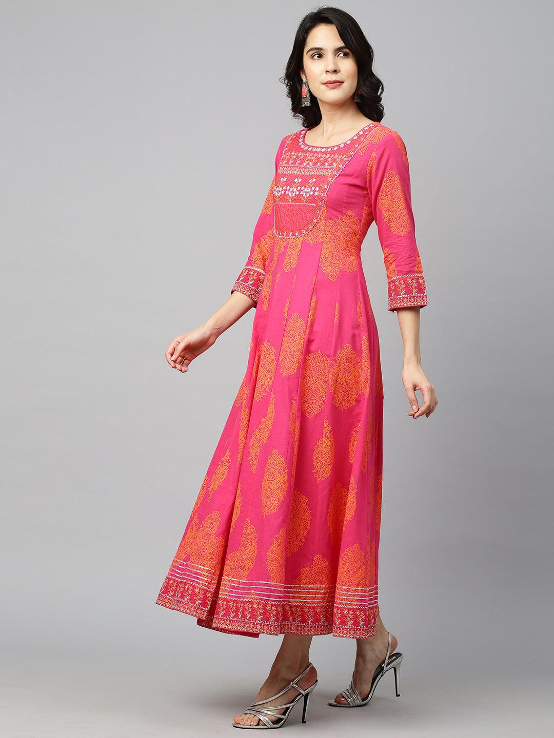 Ethnic Printed & Embroidered Kali Maxi Dress - Rani Pink - Indiakreations