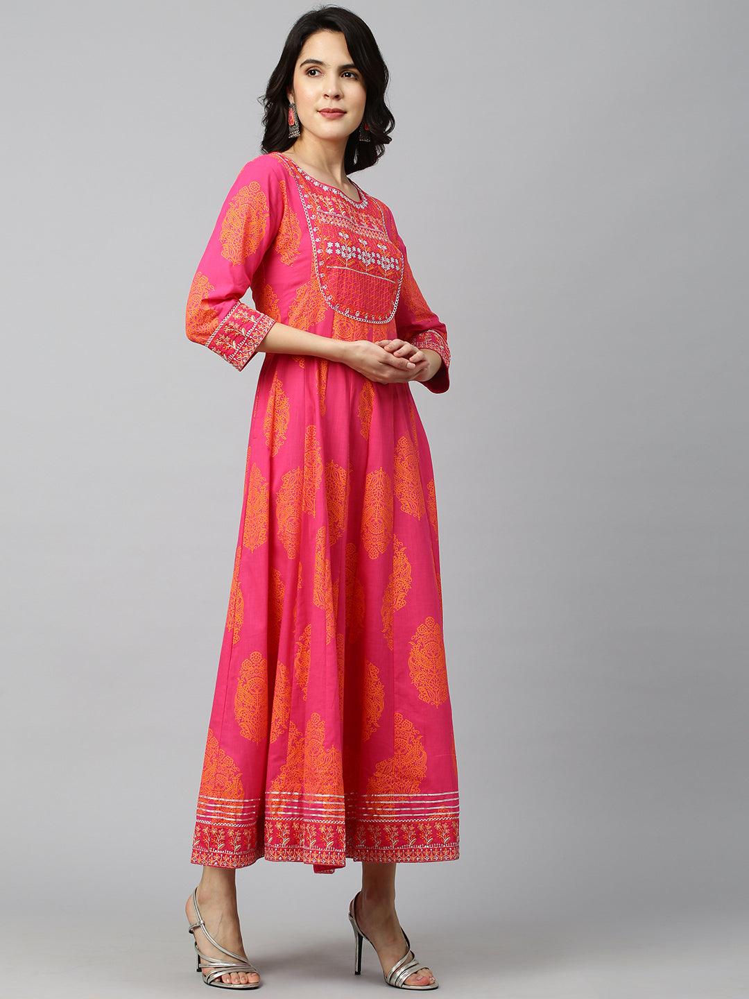 Ethnic Printed & Embroidered Kali Maxi Dress - Rani Pink - Indiakreations