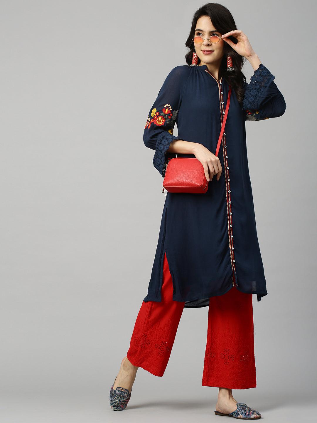 Floral Embroidered Straight Kurta - Navy Blue - Indiakreations