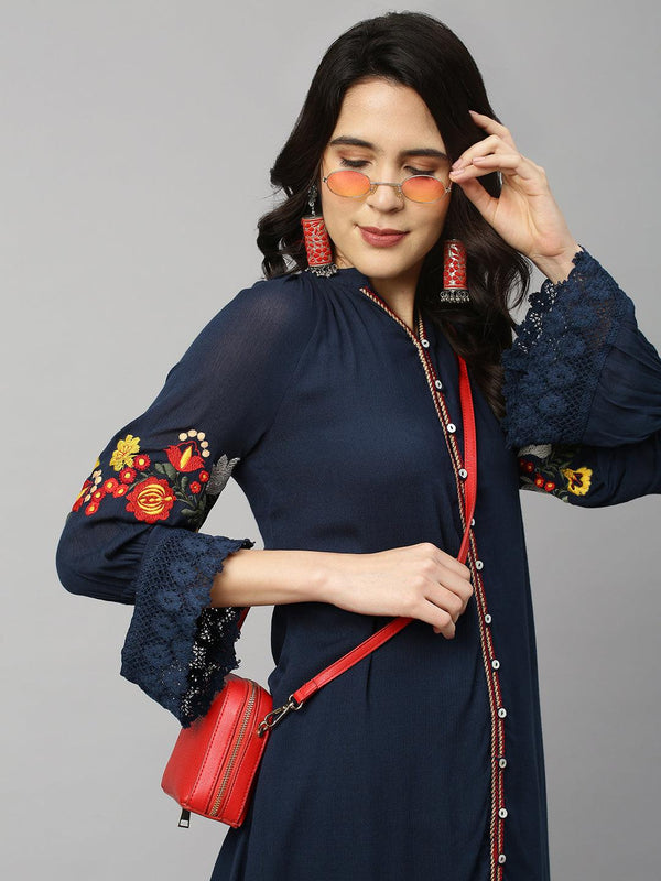 Floral Embroidered Straight Kurta - Navy Blue - Indiakreations