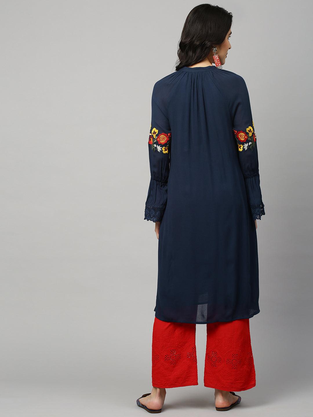 Floral Embroidered Straight Kurta - Navy Blue - Indiakreations