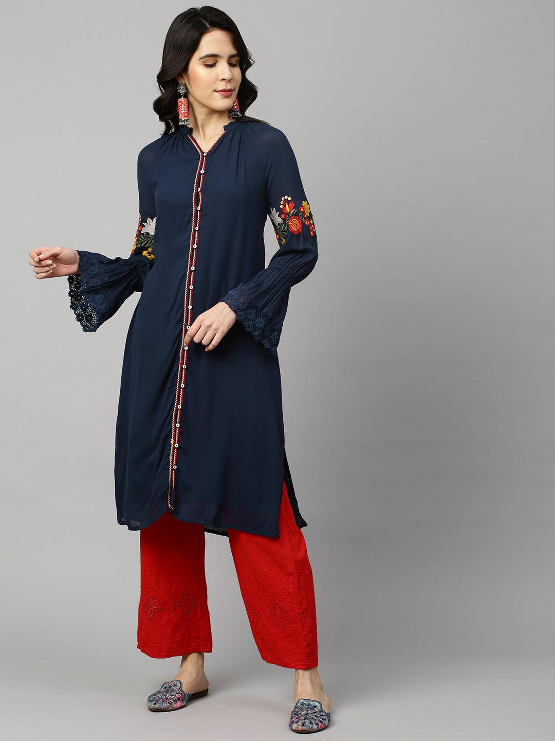 Floral Embroidered Straight Kurta - Navy Blue - Indiakreations