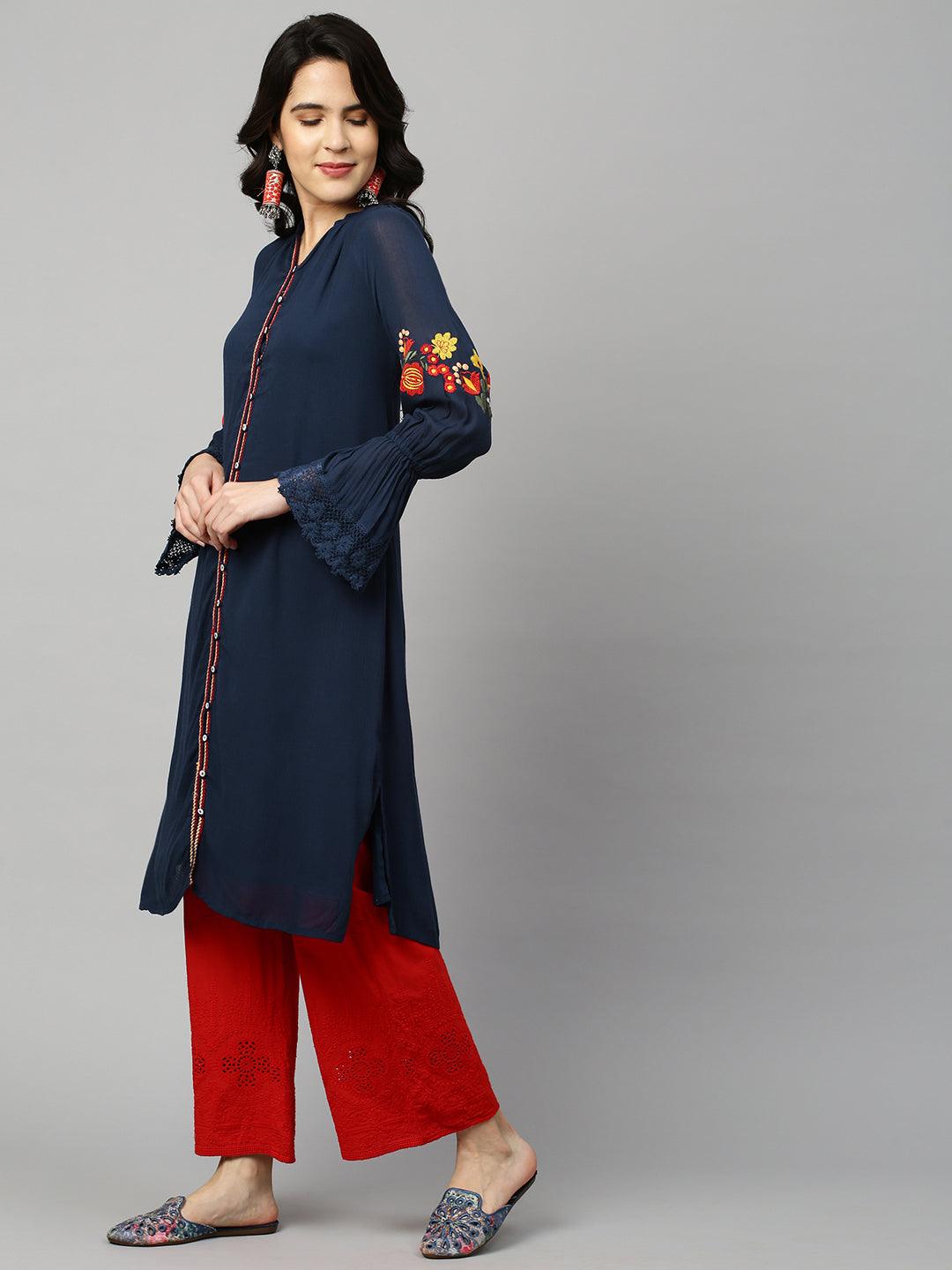 Floral Embroidered Straight Kurta - Navy Blue - Indiakreations