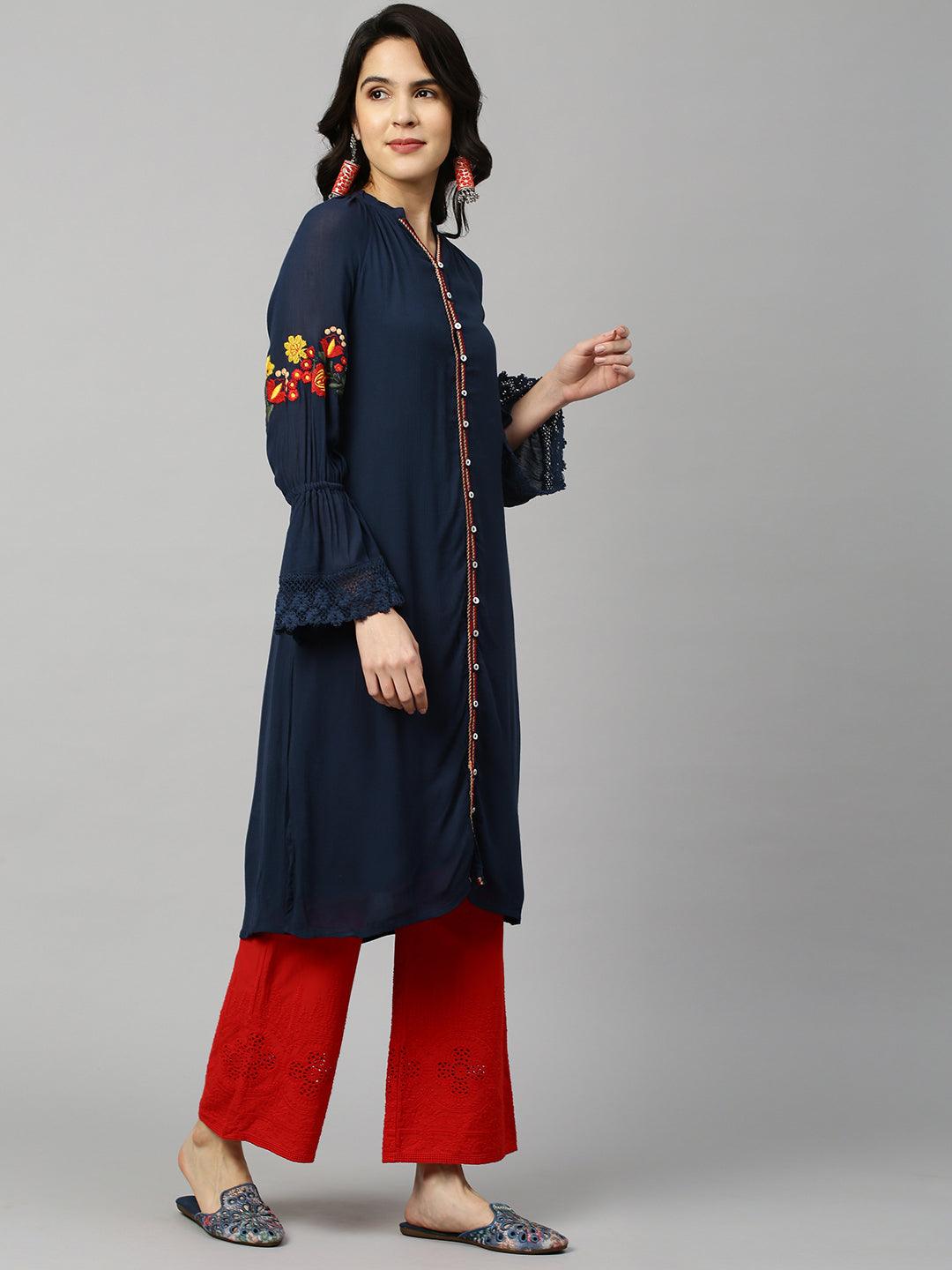 Floral Embroidered Straight Kurta - Navy Blue - Indiakreations