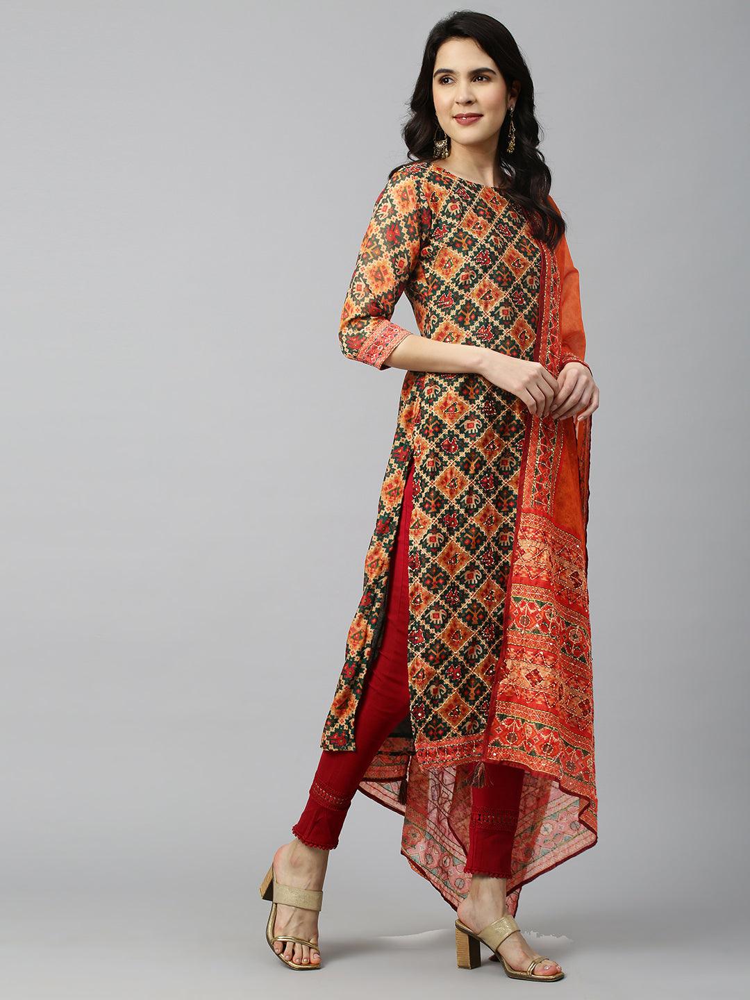 Patola Printed & Kantha Embroidered Kurta with Dupatta - Dark Green - Indiakreations