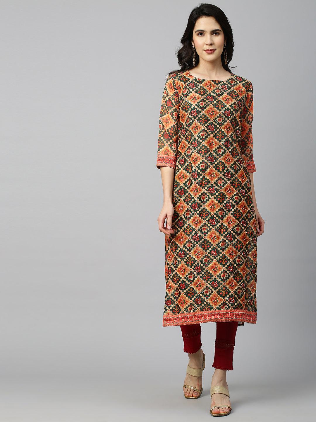 Patola Printed & Kantha Embroidered Kurta with Dupatta - Dark Green - Indiakreations