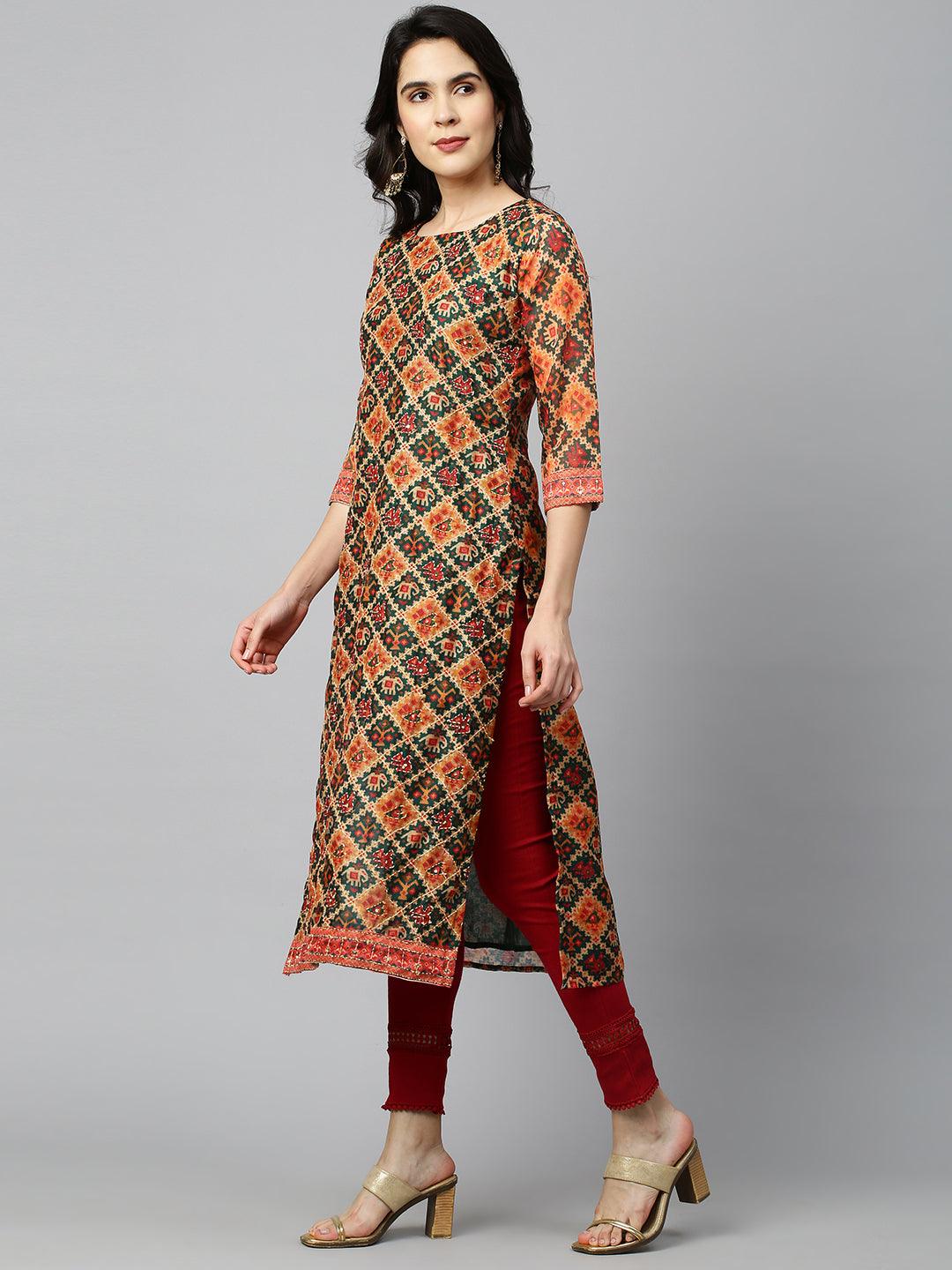 Patola Printed & Kantha Embroidered Kurta with Dupatta - Dark Green - Indiakreations