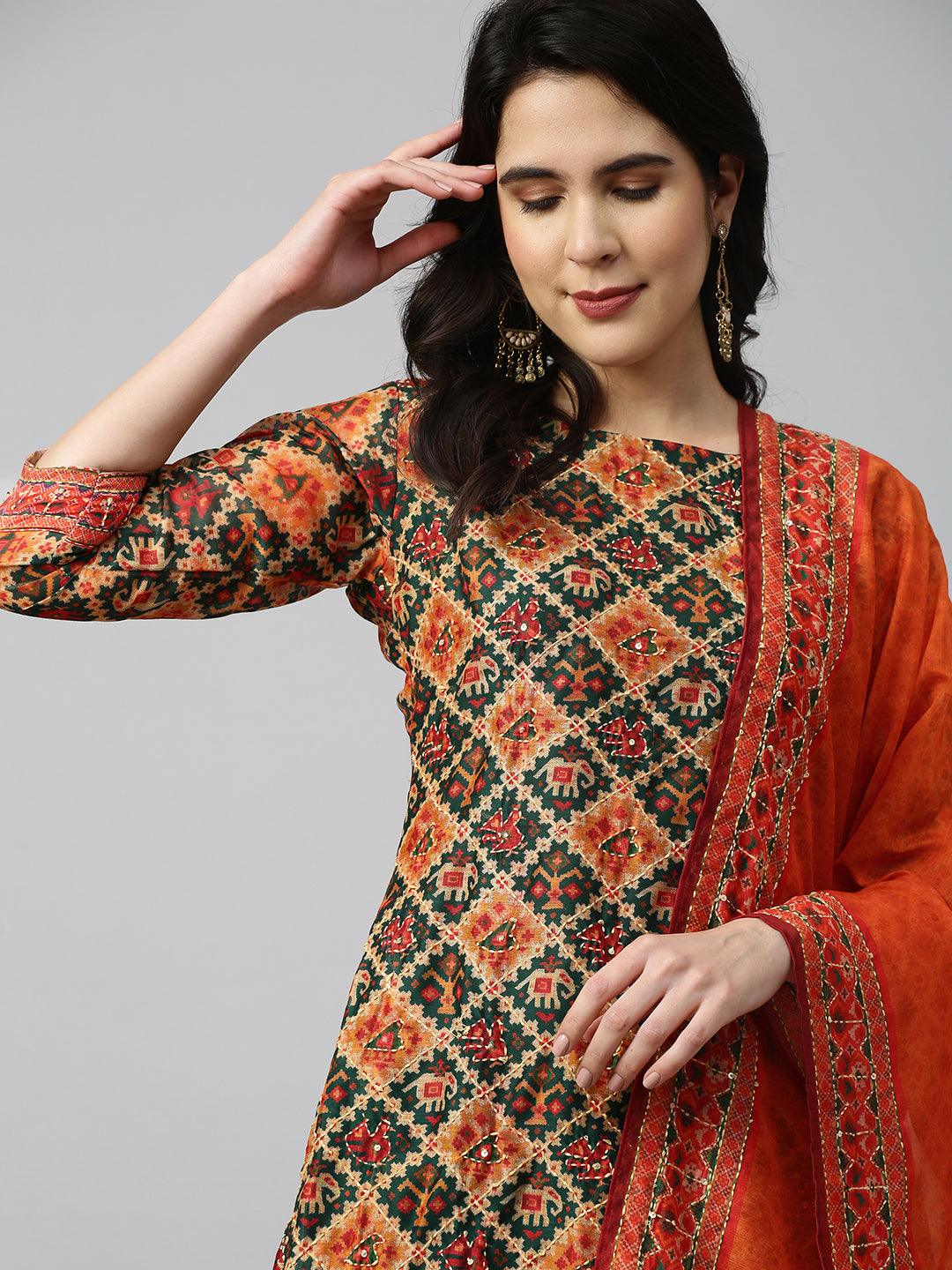 Patola Printed & Kantha Embroidered Kurta with Dupatta - Dark Green - Indiakreations