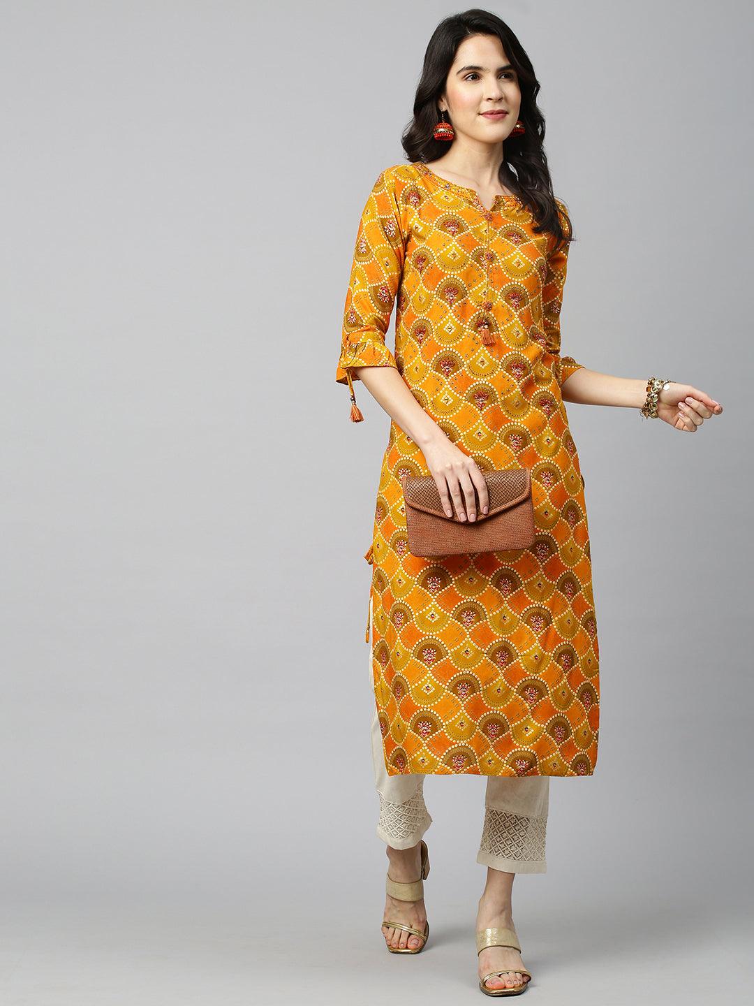 Bandhani Printed & Embroidered Kurta - Mustard - Indiakreations