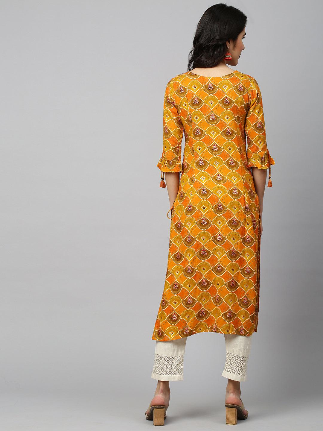 Bandhani Printed & Embroidered Kurta - Mustard - Indiakreations