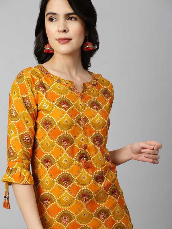 Bandhani Printed & Embroidered Kurta - Mustard - Indiakreations