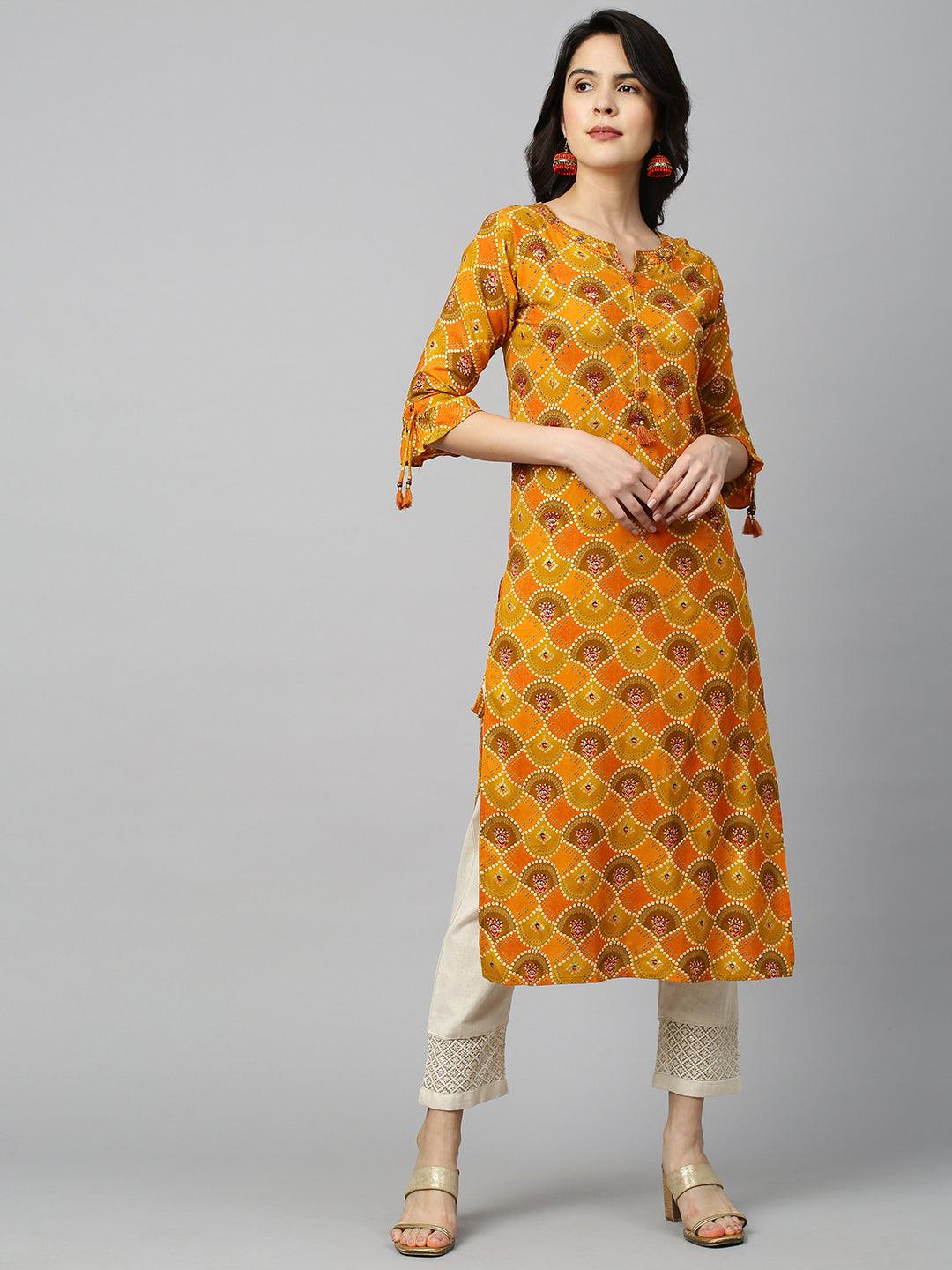 Bandhani Printed & Embroidered Kurta - Mustard - Indiakreations