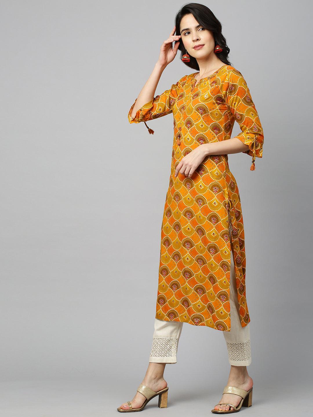 Bandhani Printed & Embroidered Kurta - Mustard - Indiakreations