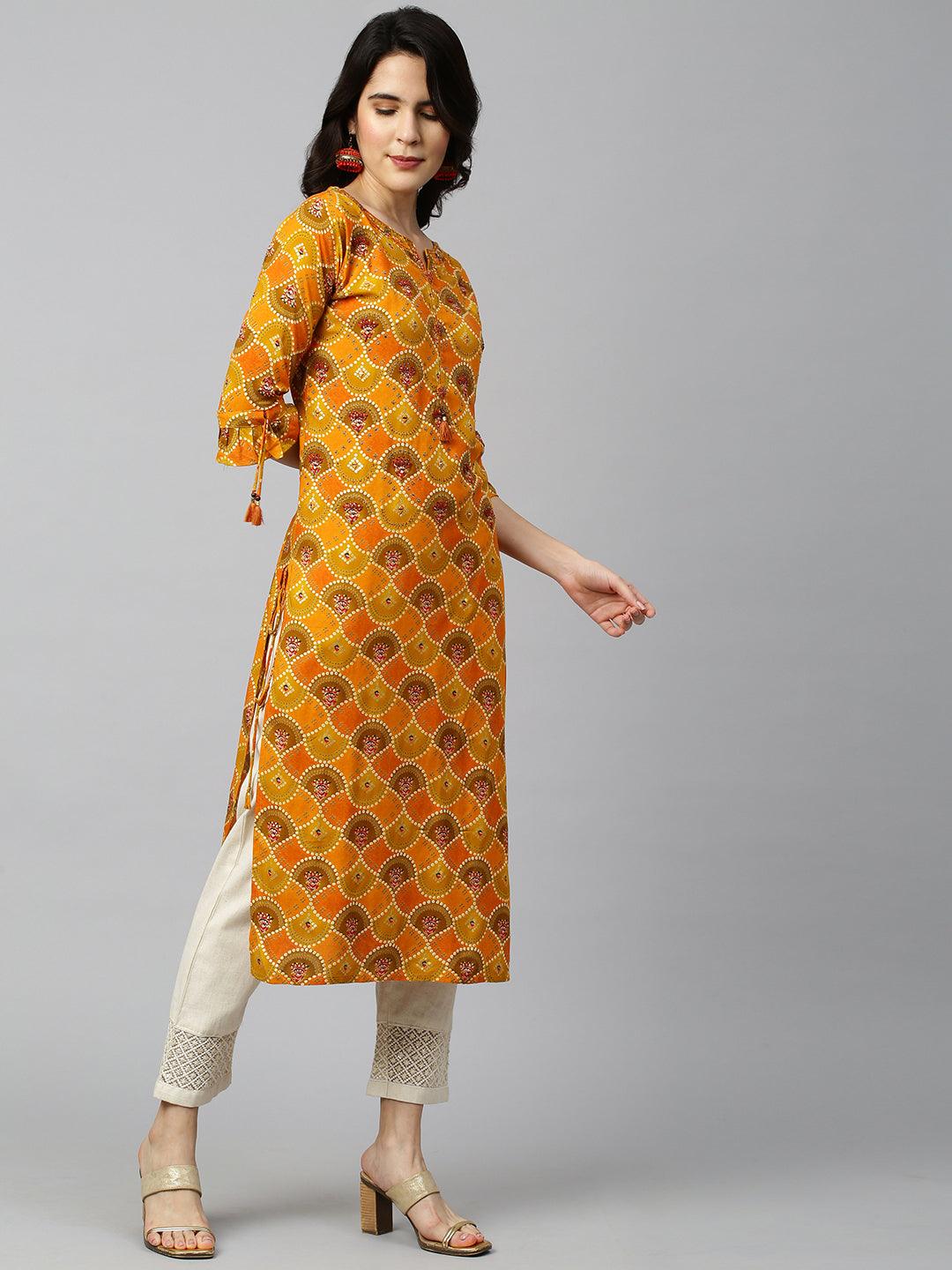 Bandhani Printed & Embroidered Kurta - Mustard - Indiakreations