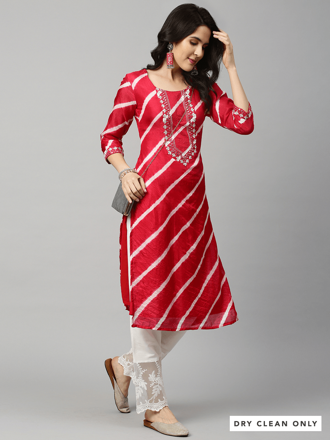 Leheriya Printed & Embroidered Kurta - Red - Indiakreations