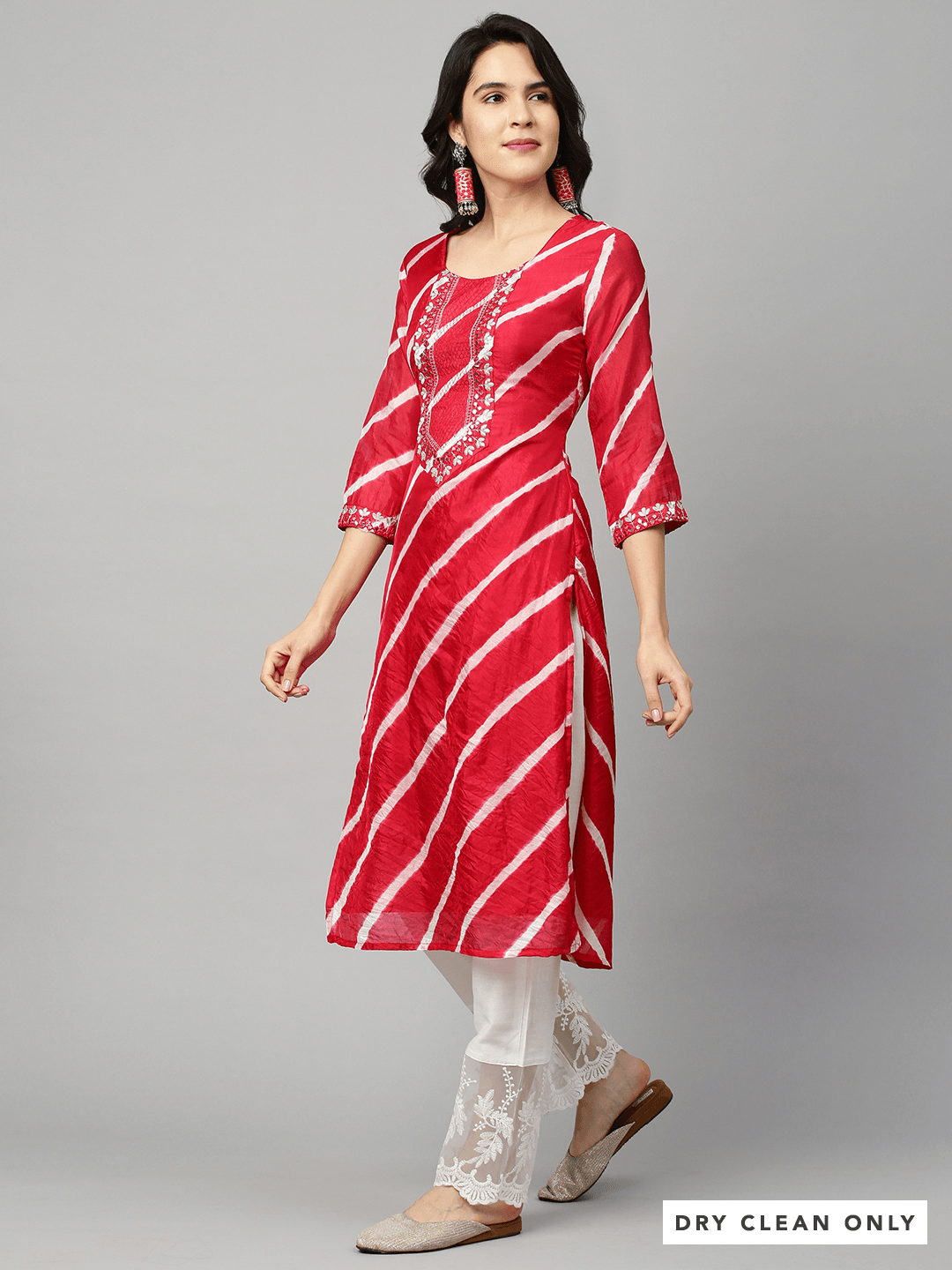 Leheriya Printed & Embroidered Kurta - Red - Indiakreations