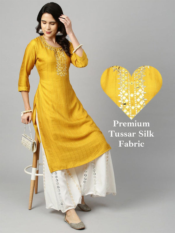 Mirror Embroidered Straight Kurta - Mustard - Indiakreations