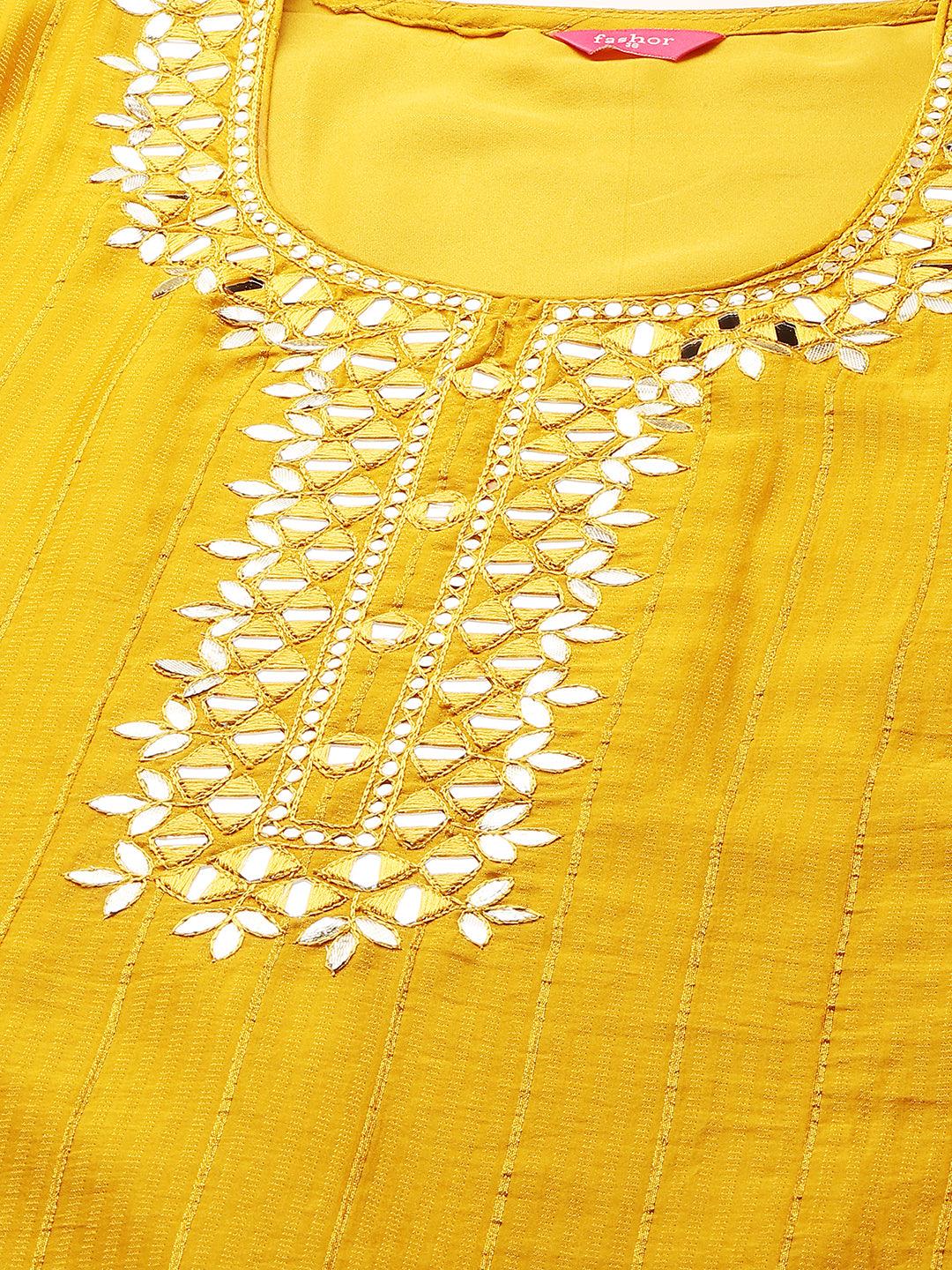 Mirror Embroidered Straight Kurta - Mustard - Indiakreations