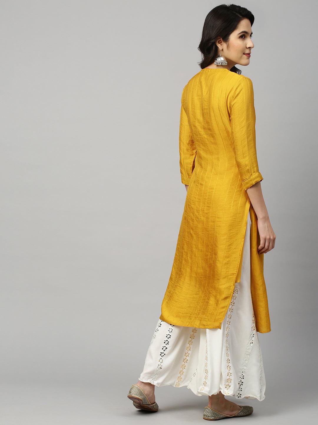 Mirror Embroidered Straight Kurta - Mustard - Indiakreations