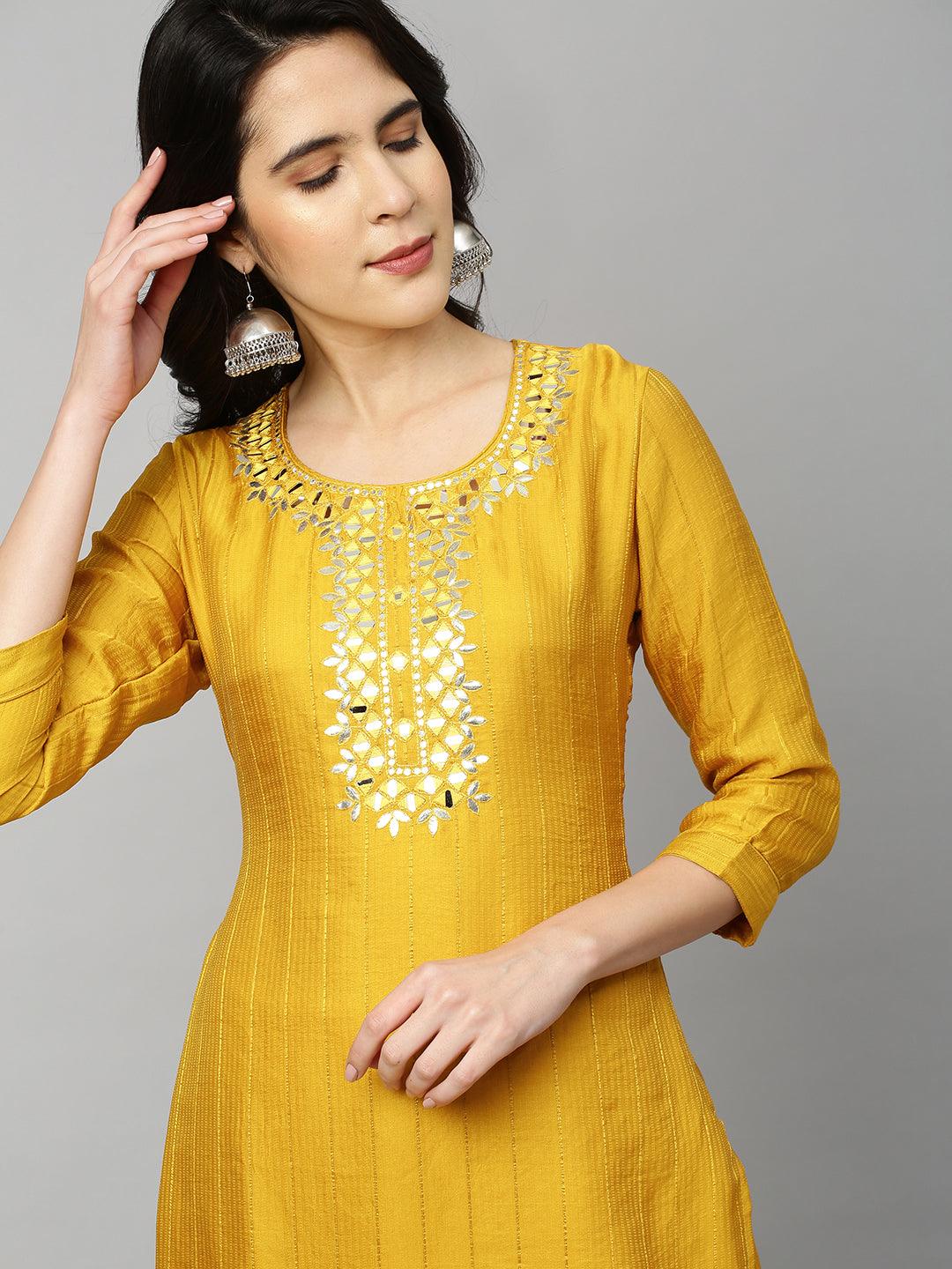 Mirror Embroidered Straight Kurta - Mustard - Indiakreations