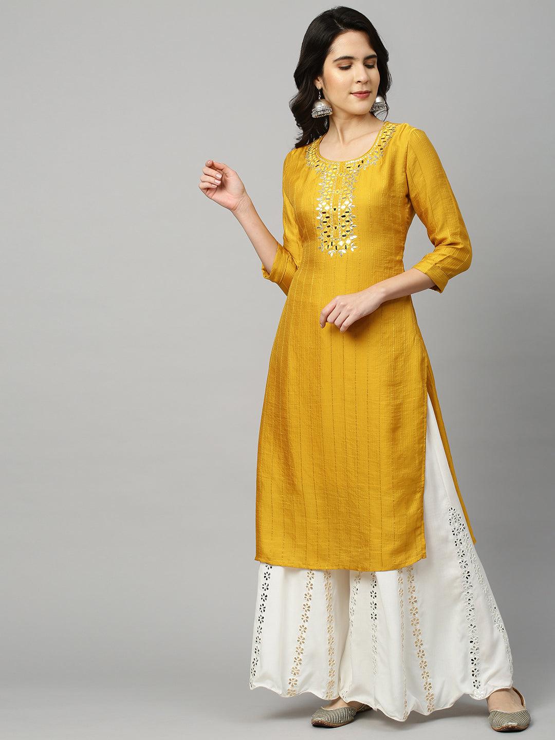 Mirror Embroidered Straight Kurta - Mustard - Indiakreations